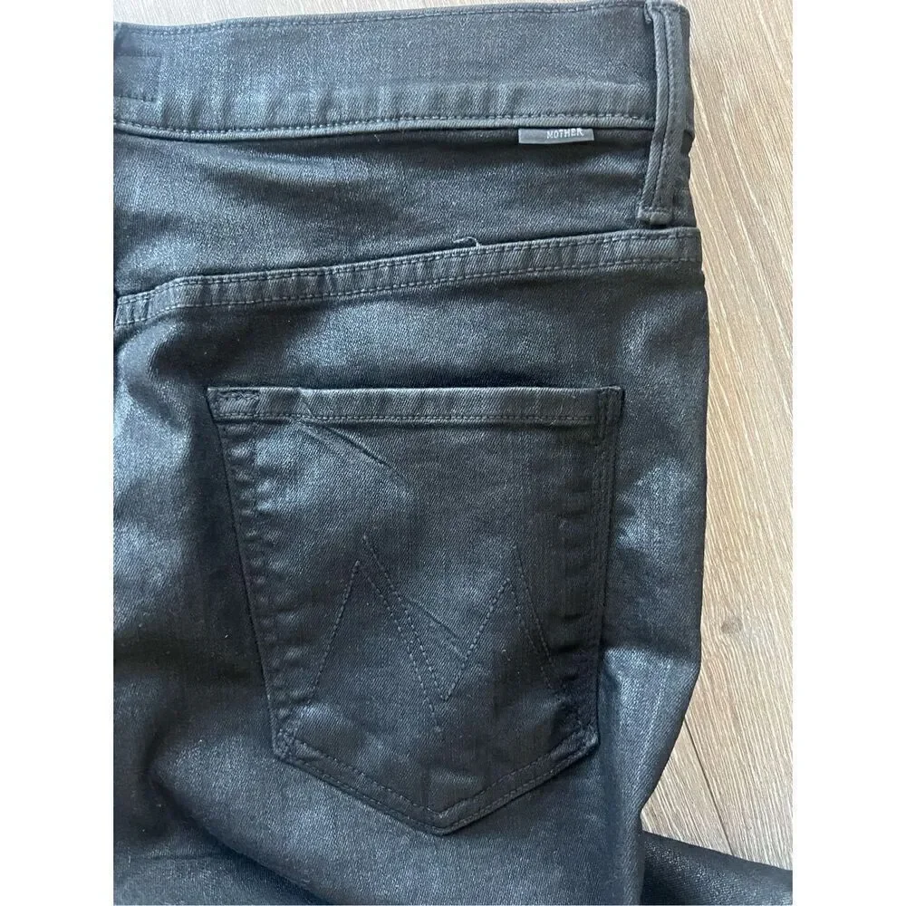 Mother Jeans - The Swooner Ankle Skinny Jeans - Black Wet Paint Coated Size 31